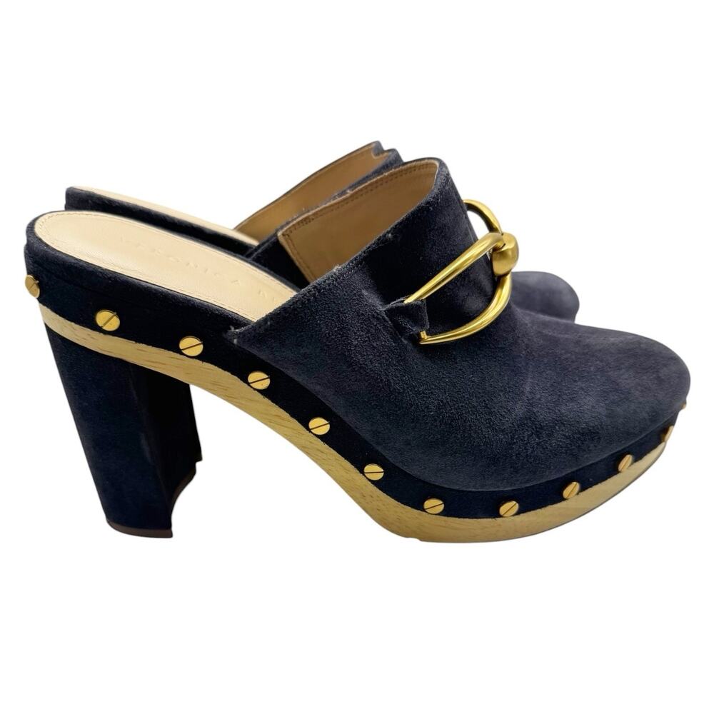 Veronica Beard GilesClog Heels Navy Blue Horsebit Suede Leather Size 7 - Picture 3 of 10